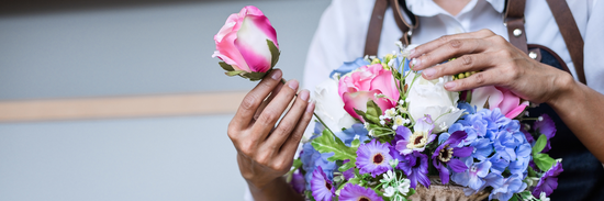 woman arranging pink roses in a bright flower arrangement with a grey background