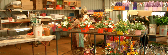 image of the flower farm workshop with long tables full of australian grown flowers in arrangements and supplies all around